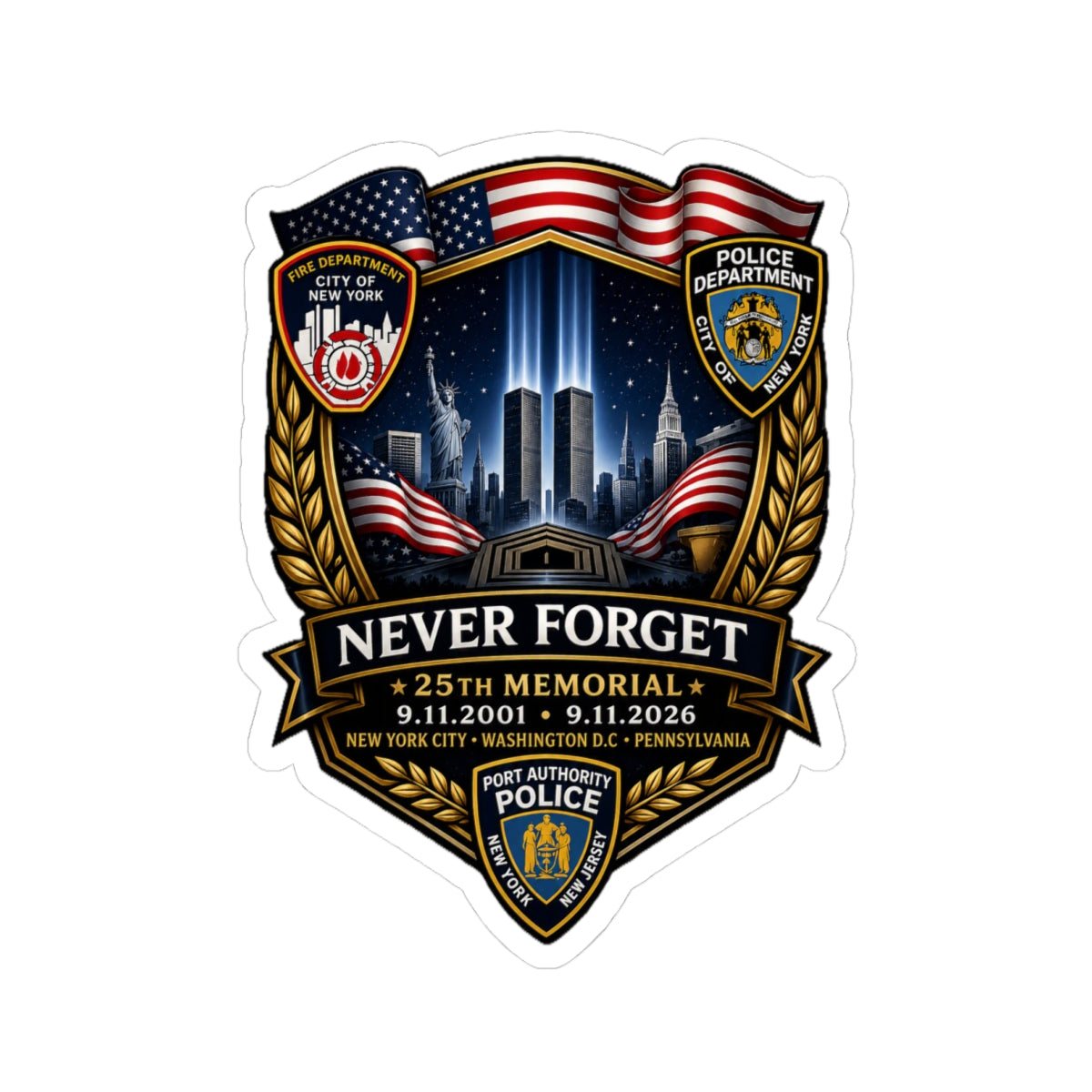 Never Forget 25th Memorial 9/11 Commemorative Sticker