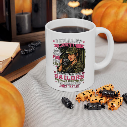 Glossy white Army Mom ceramic mug with colorful military mom design and comfortable C-handle