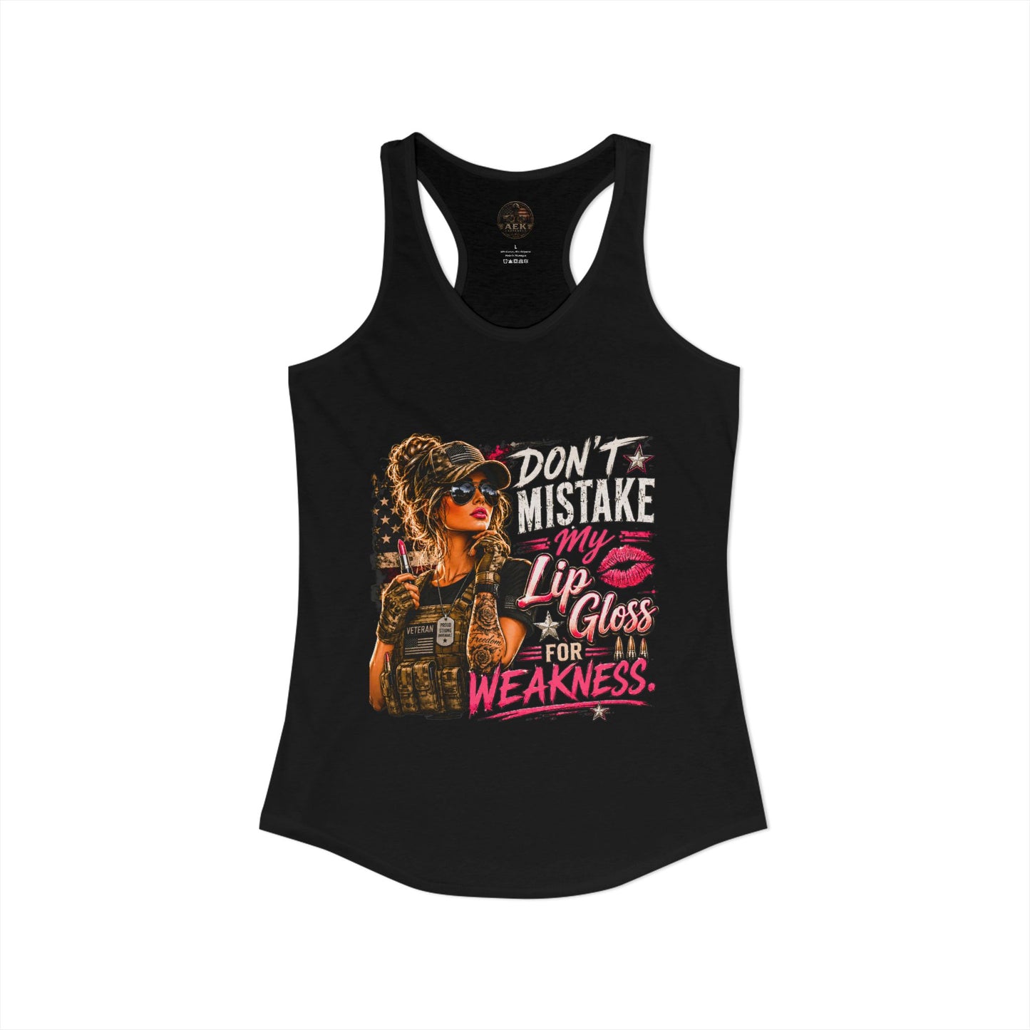 Women's Racerback Tank - "Don't Mistake My Lip Gloss for Weakness"