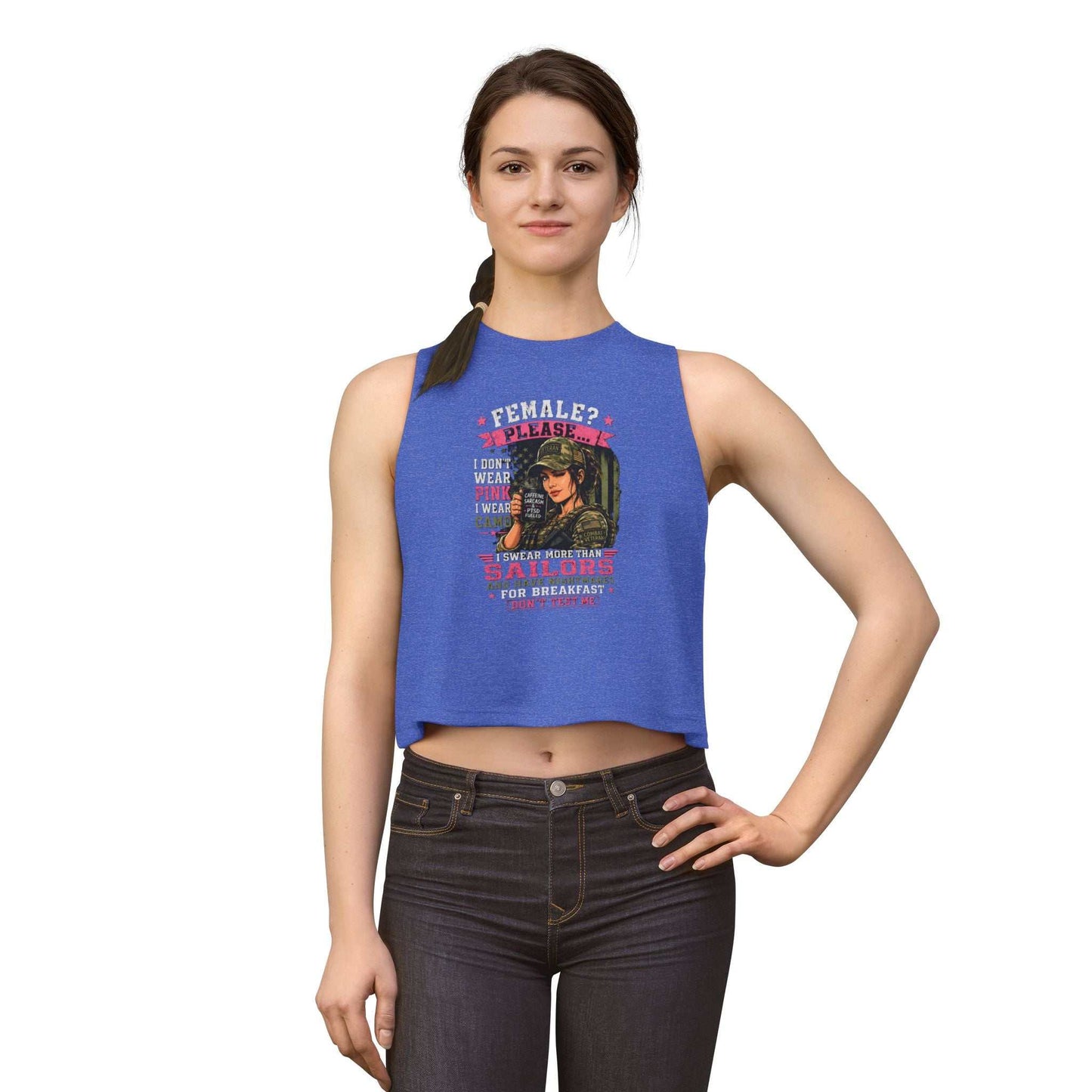 Women's Crop Top — 'Female? Please. I Don't Wear Pink' Military Graphic Tank