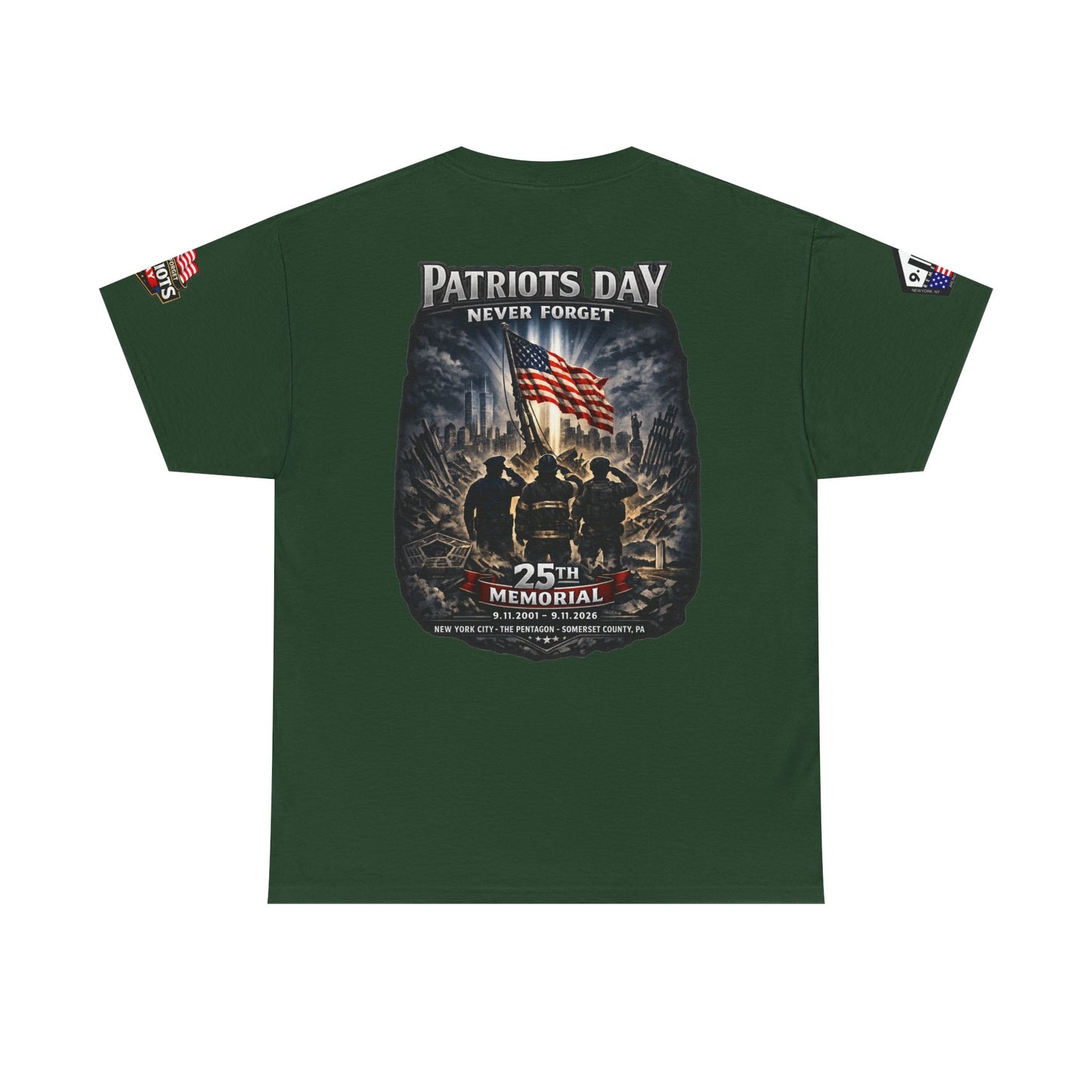 NYPD, FDNY, PAPD-NYNJ Patriots Day Memorial Tee – "Never Forget" 25th Anniversary American Flag Shirt