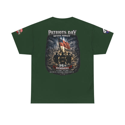 NYPD, FDNY, PAPD-NYNJ Patriots Day Memorial Tee – "Never Forget" 25th Anniversary American Flag Shirt
