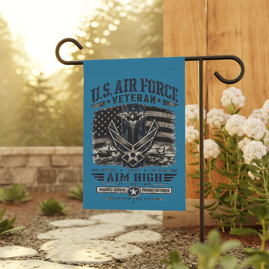 Air Force Veteran garden flag with distressed military design and US Air Force emblem hanging outdoors