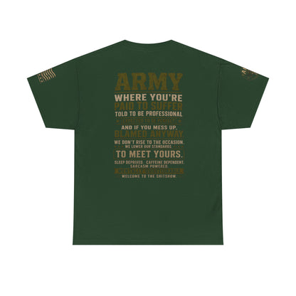 Army Quote Tee — “Army: Where You’re Paid to Suffer” Military Graphic T-Shirt