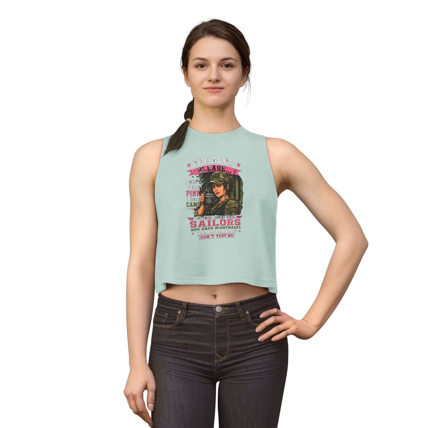 Women's Crop Top — 'Female? Please. I Don't Wear Pink' Military Graphic Tank
