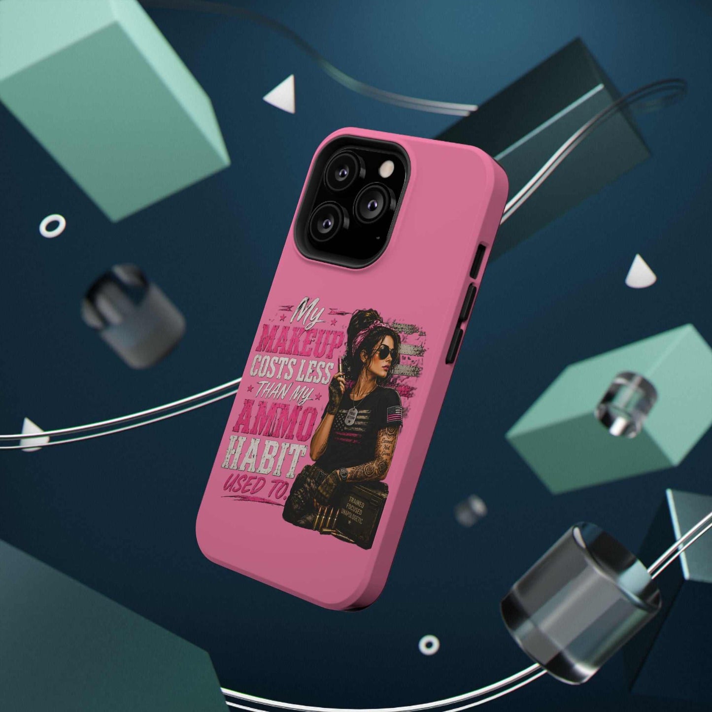 Impact-Resistant Phone Case — "My Makeup Costs Less Than My Ammo Habit Used To" Pink Tactical Design