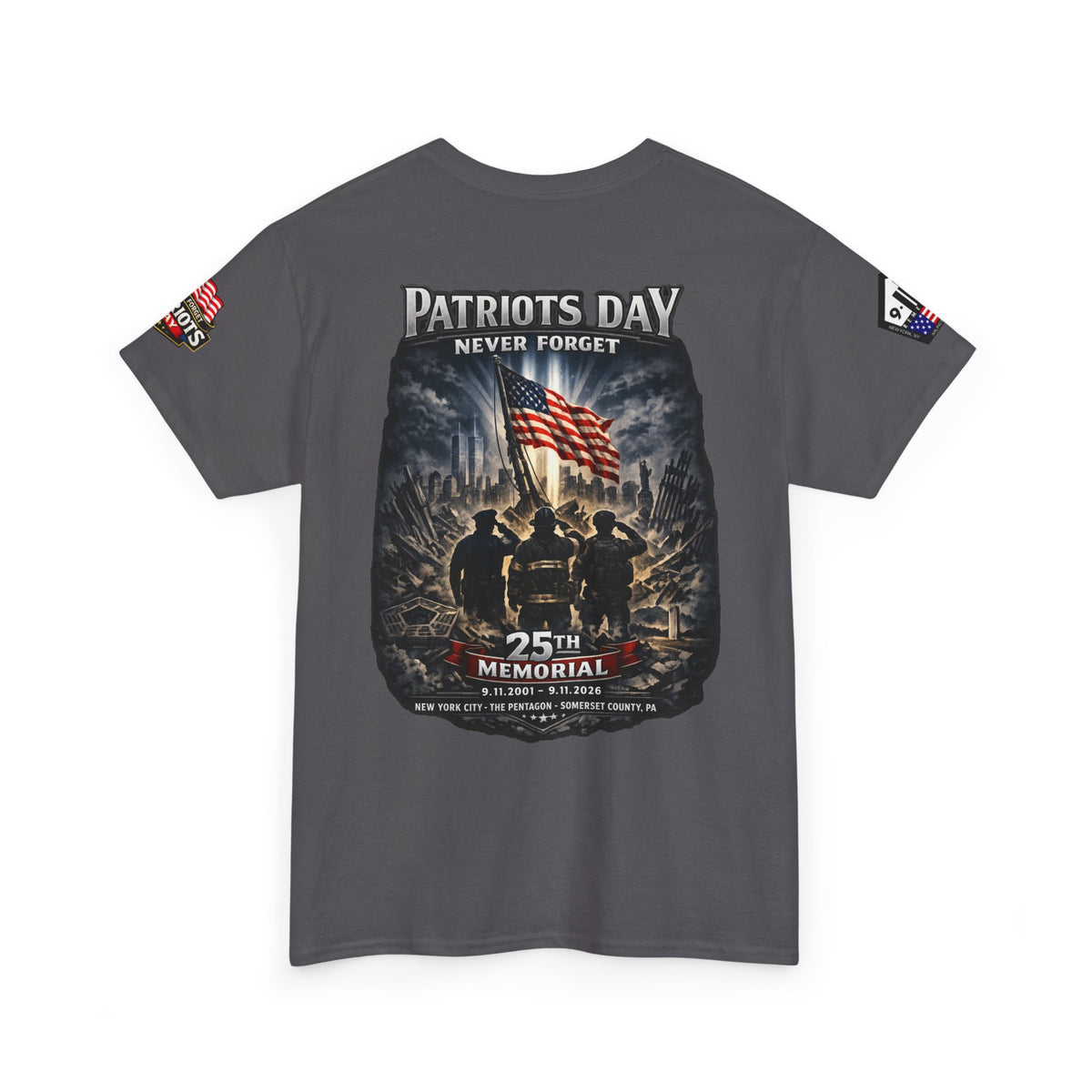 NYARNG Patriots Day Memorial Tee – "Never Forget" 25th Anniversary American Flag Shirt