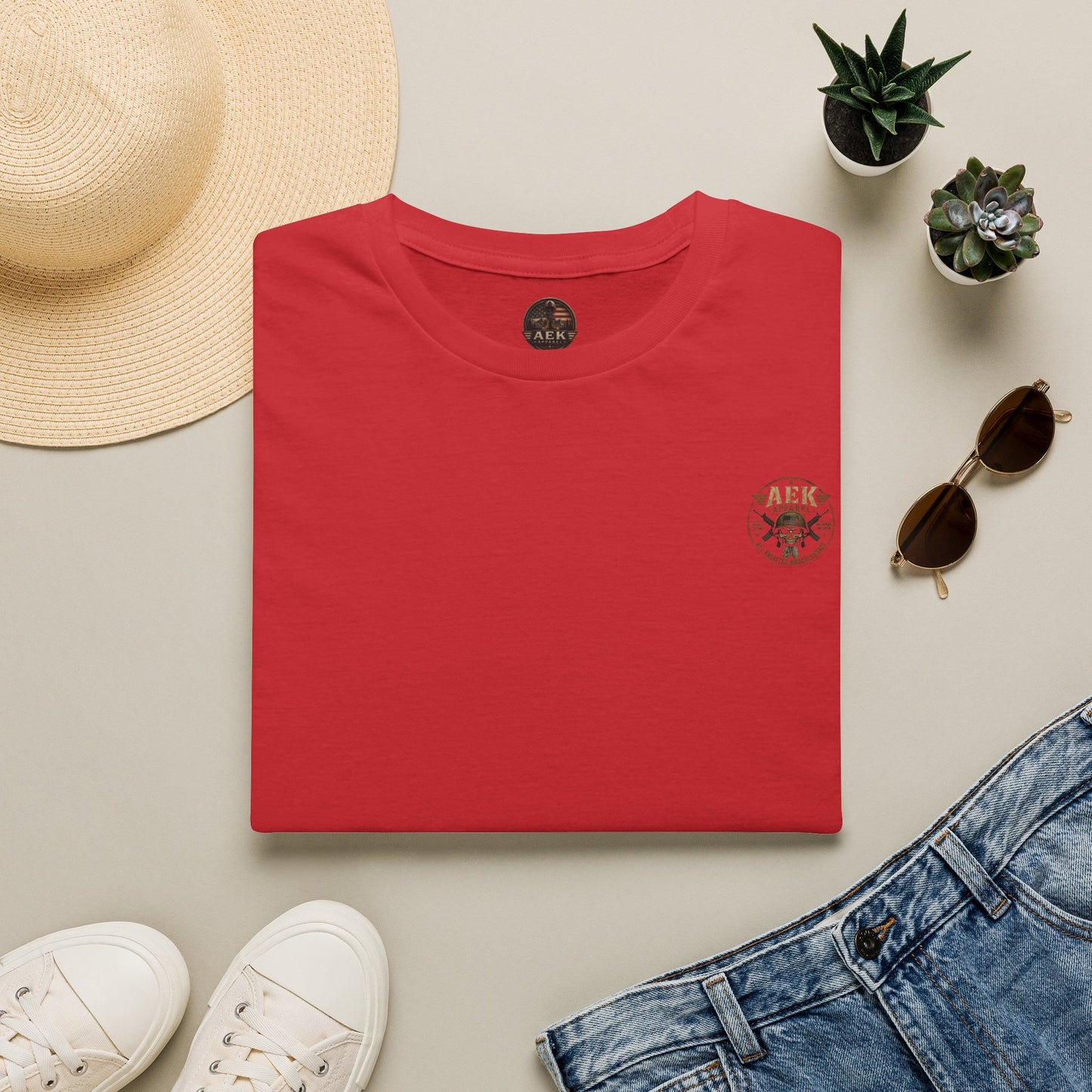 Army: Where You're Paid to Suffer T-Shirt — AEK Small Chest Logo, Coastal Surf Vibes