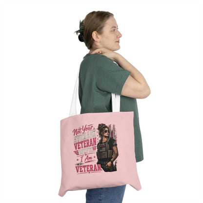 Pink Veteran Pride Shoulder Tote Bag with white handles and bold veteran graphic design