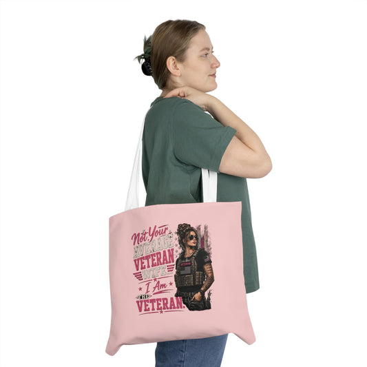 Pink Veteran Pride Shoulder Tote Bag with white handles and bold veteran graphic design