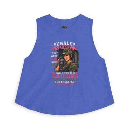 Women's crop top with military graphic and slogan "Female? Please. I Don't Wear Pink" in relaxed fit