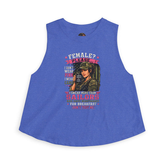 Women's crop top with military graphic and slogan "Female? Please. I Don't Wear Pink" in relaxed fit