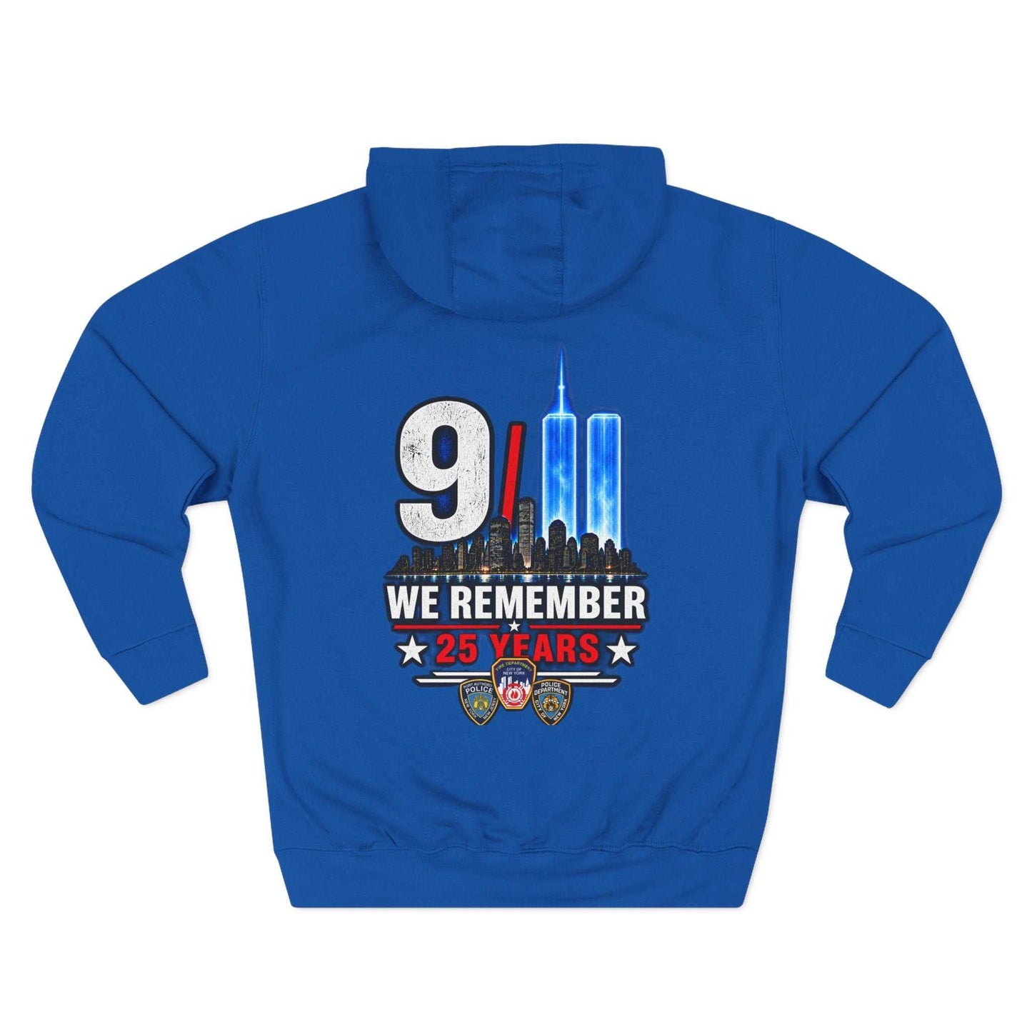 9/11 Remembrance Hoodie with commemorative skyline design and warm fleece fabric