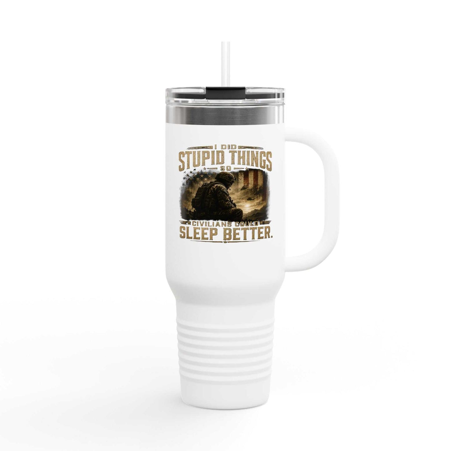 40oz insulated travel mug with veteran tumbler design and leak-proof lid