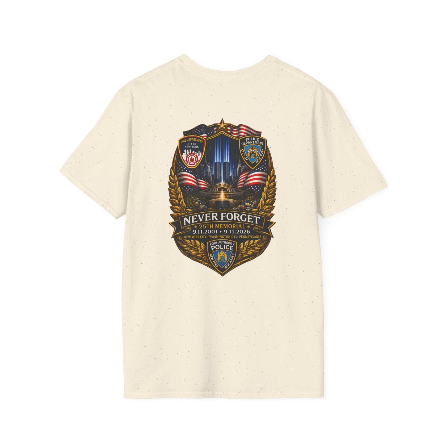 White Patriots Day T-shirt with small chest American flag logo and ribbed crew neck
