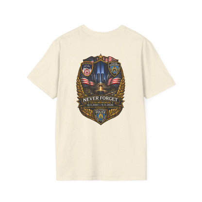 White Patriots Day T-shirt with small chest American flag logo and ribbed crew neck