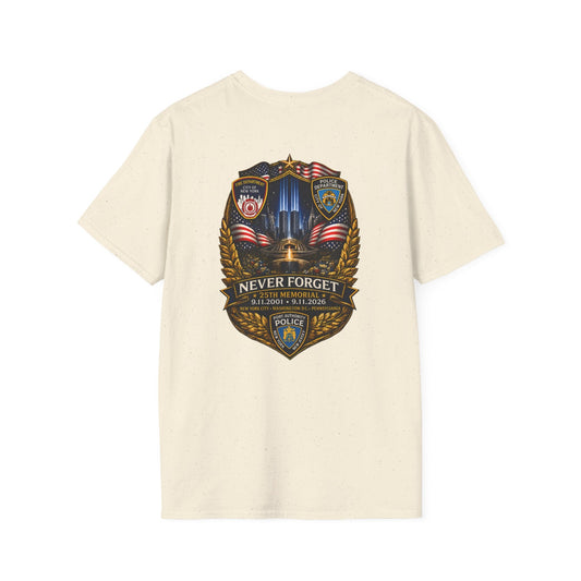 White Patriots Day T-shirt with small chest American flag logo and ribbed crew neck