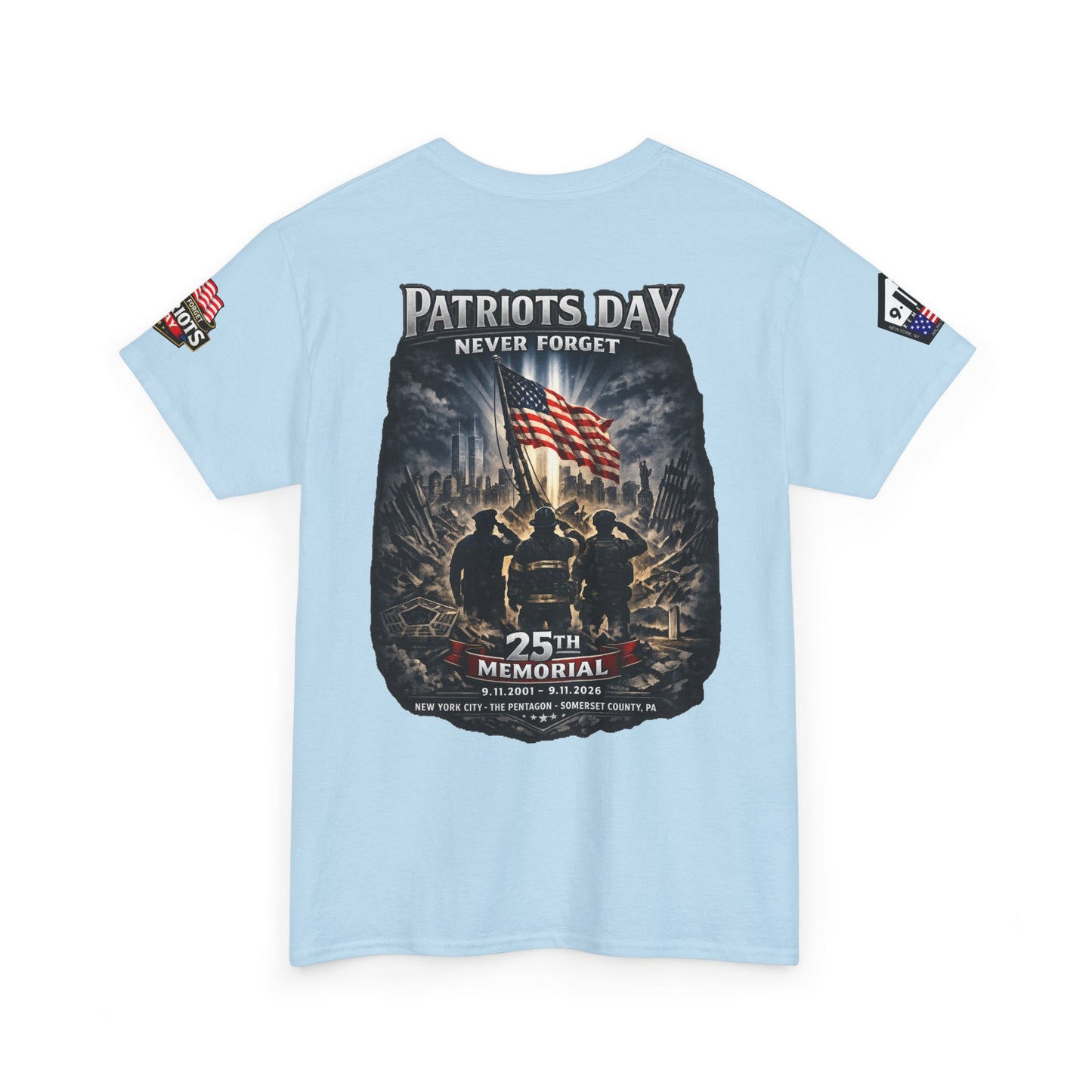 NYPD, FDNY, PAPD-NYNJ Patriots Day Memorial Tee – "Never Forget" 25th Anniversary American Flag Shirt