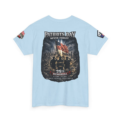 NYPD, FDNY, PAPD-NYNJ Patriots Day Memorial Tee – "Never Forget" 25th Anniversary American Flag Shirt