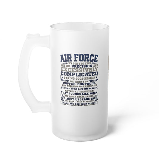 Frosted glass beer mug with Air Force veteran pride design on reclaimed wood table