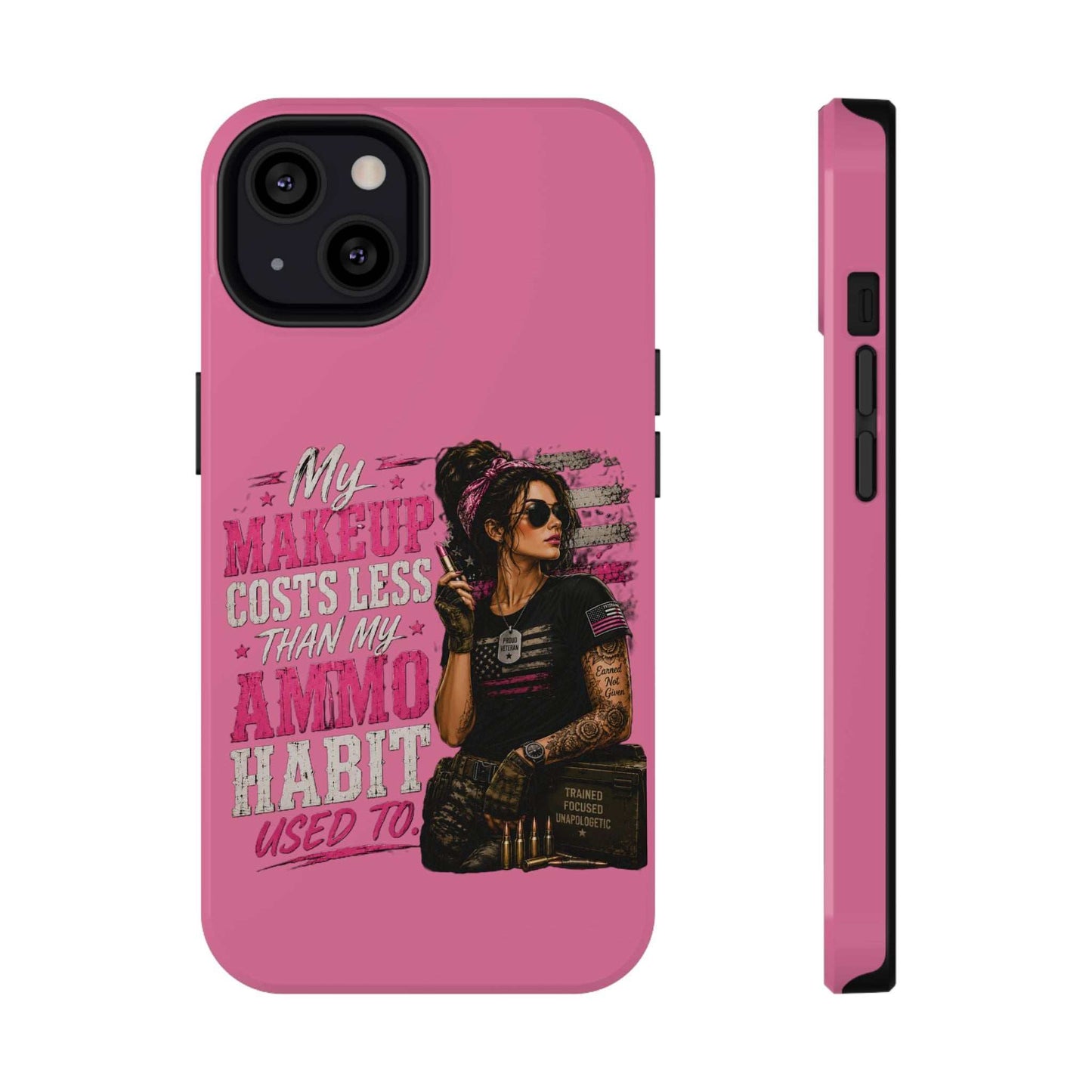 Pink impact-resistant phone case with tattooed woman and ammo design, stylish and protective for iPhone 17 and Samsung Galaxy S26