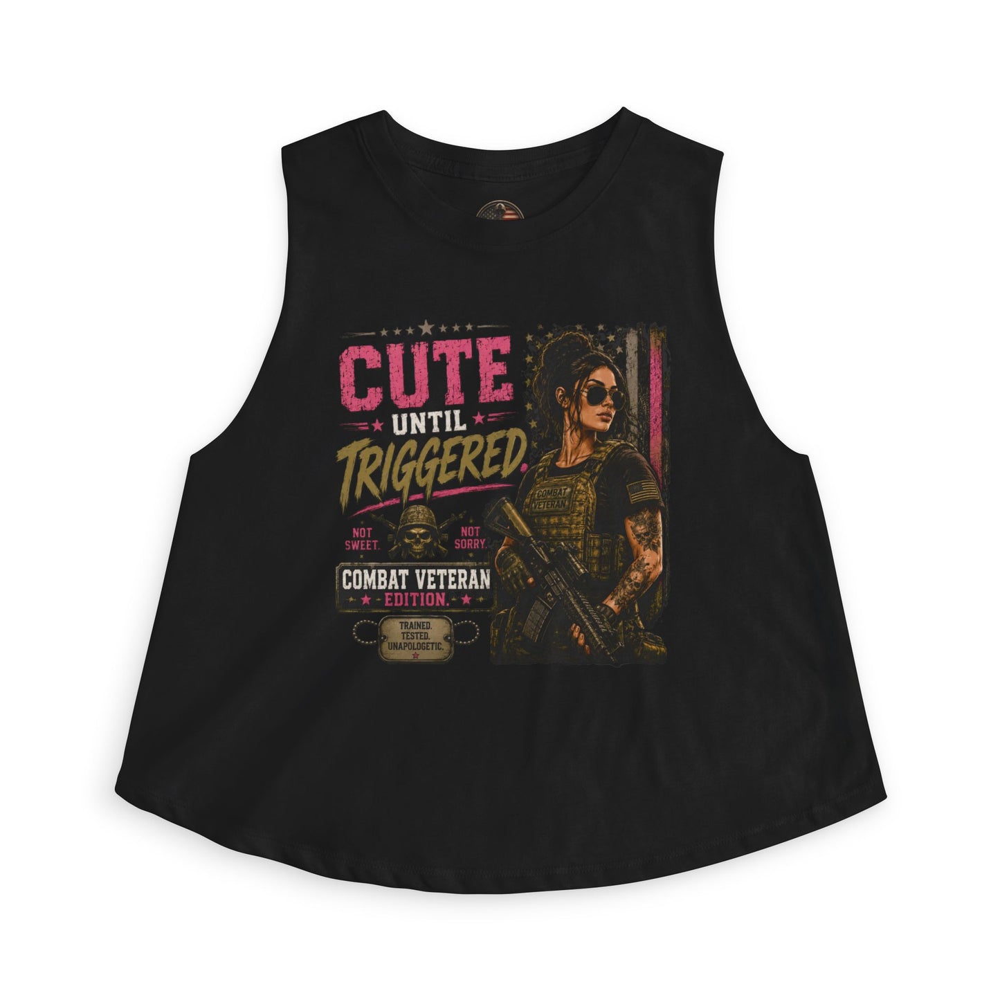 Crop Top — "Cute Until Triggered" Combat Veteran Graphic Tank