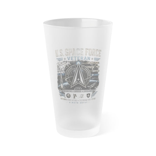 Space Force Veteran frosted 16oz pint glass with vintage semi-translucent design
