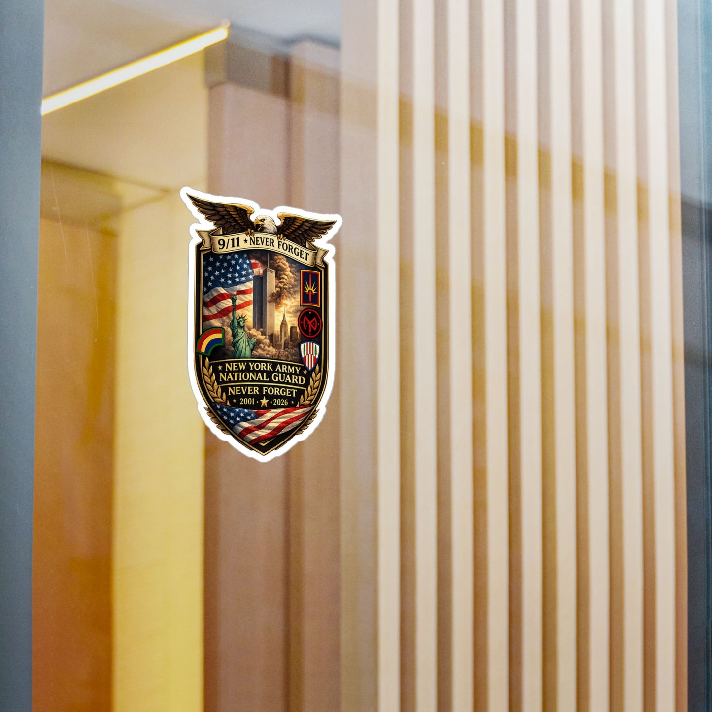 9/11 Never Forget Shield Kiss-Cut Vinyl Decal — New York Army National Guard Memorial Sticker