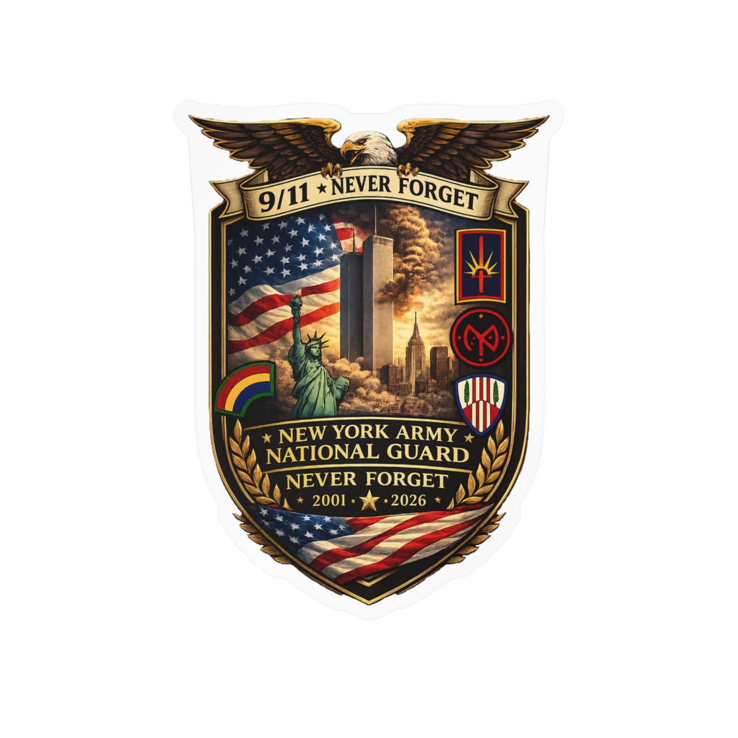 9/11 Never Forget Shield Kiss-Cut Vinyl Decal — New York Army National Guard Memorial Sticker
