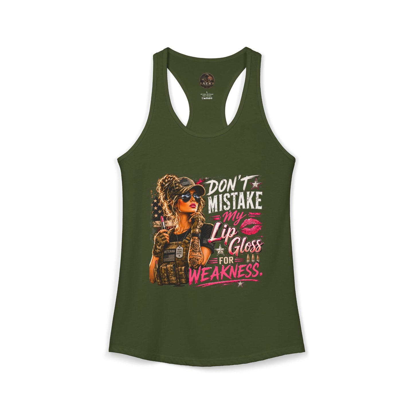 Women's Racerback Tank - "Don't Mistake My Lip Gloss for Weakness"