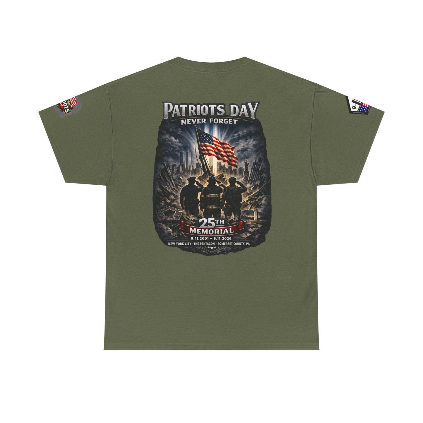 NYARNG Patriots Day Memorial Tee – "Never Forget" 25th Anniversary American Flag Shirt