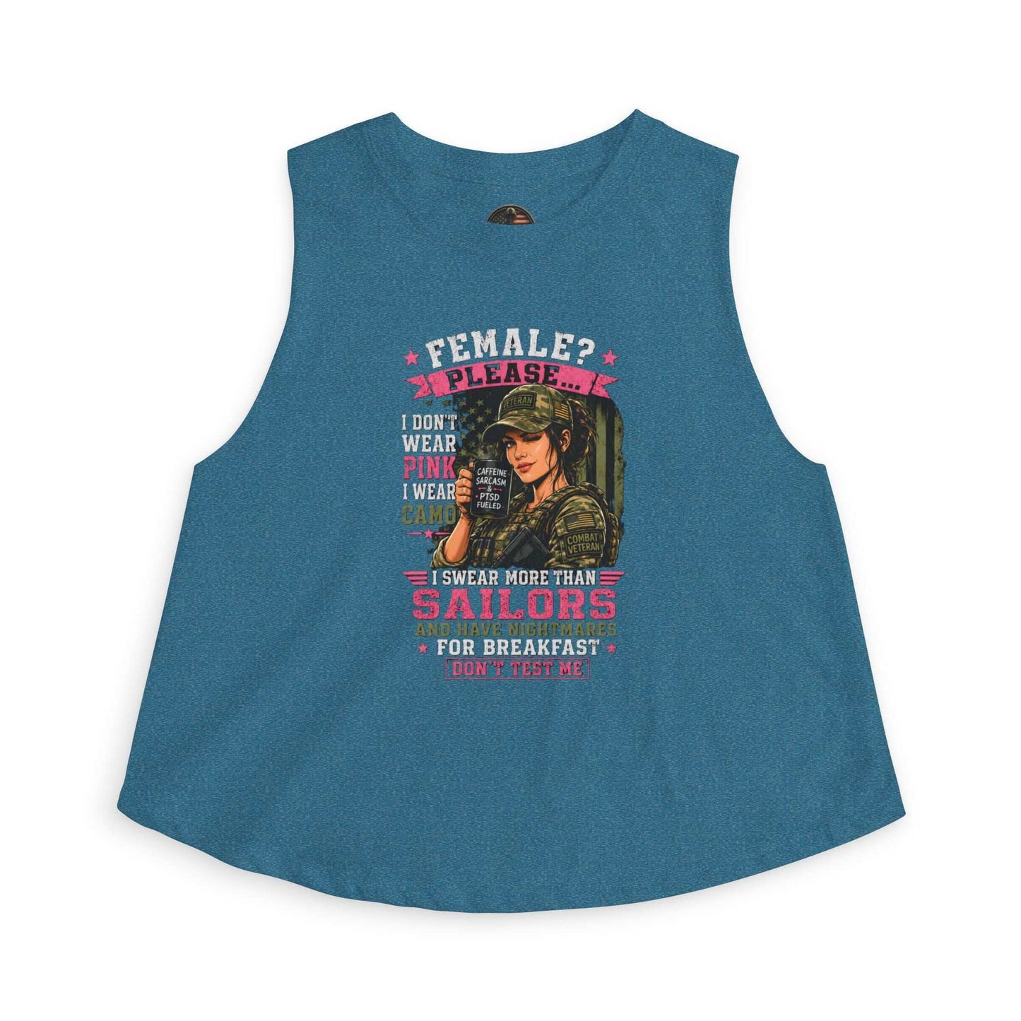 Women's Crop Top — 'Female? Please. I Don't Wear Pink' Military Graphic Tank