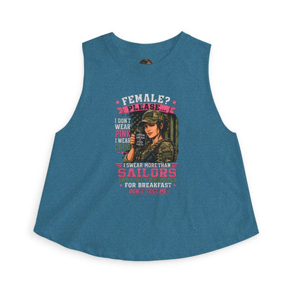 Women's Crop Top — 'Female? Please. I Don't Wear Pink' Military Graphic Tank