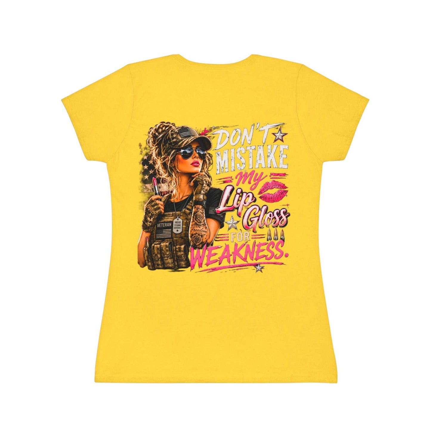 Women's Military-Inspired T-Shirt — "Don't Mistake My Lip Gloss for Weakness" Graphic Tee