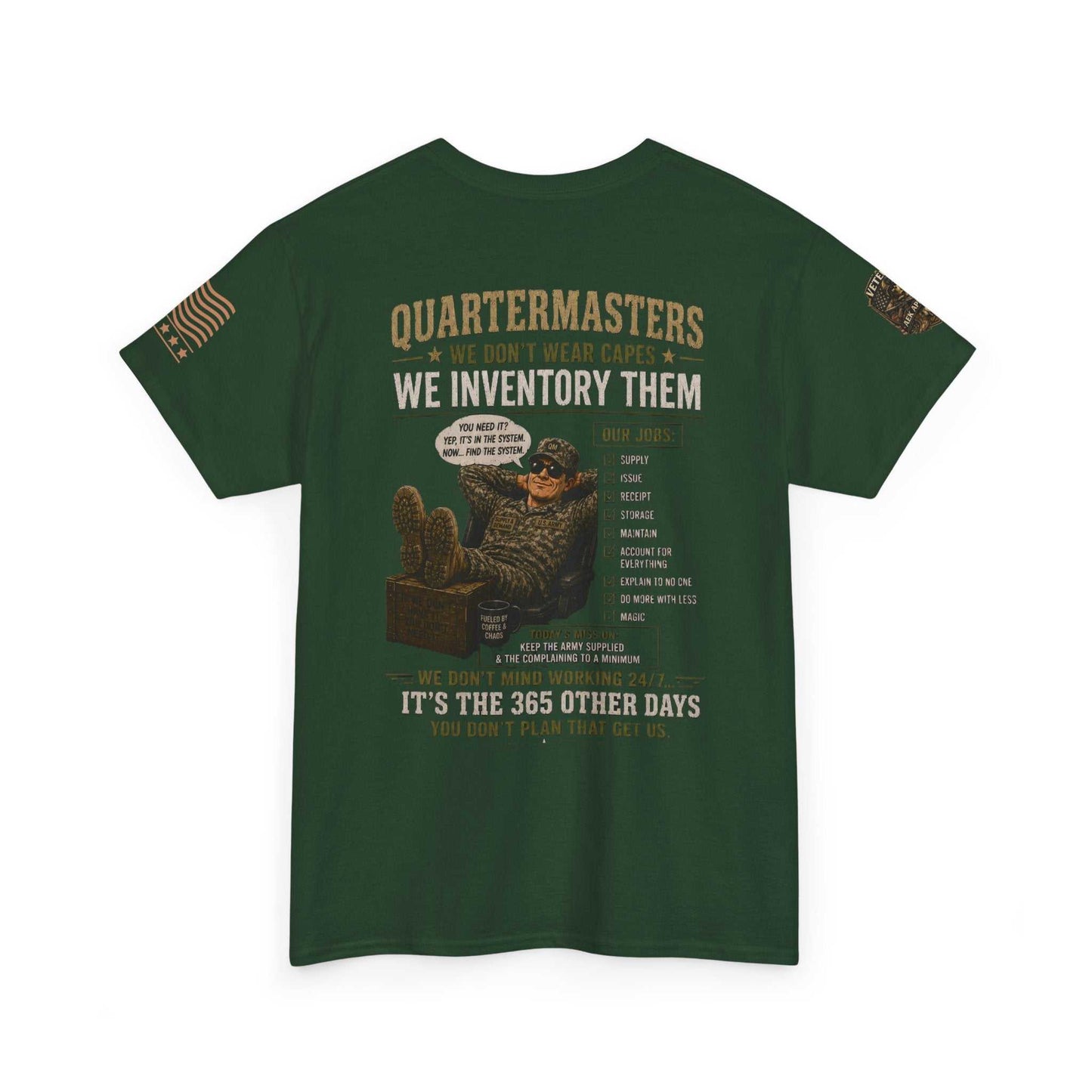 Quartermasters Graphic Tee – "We Don’t Wear Capes, We Inventory Them" Military Supply Shirt