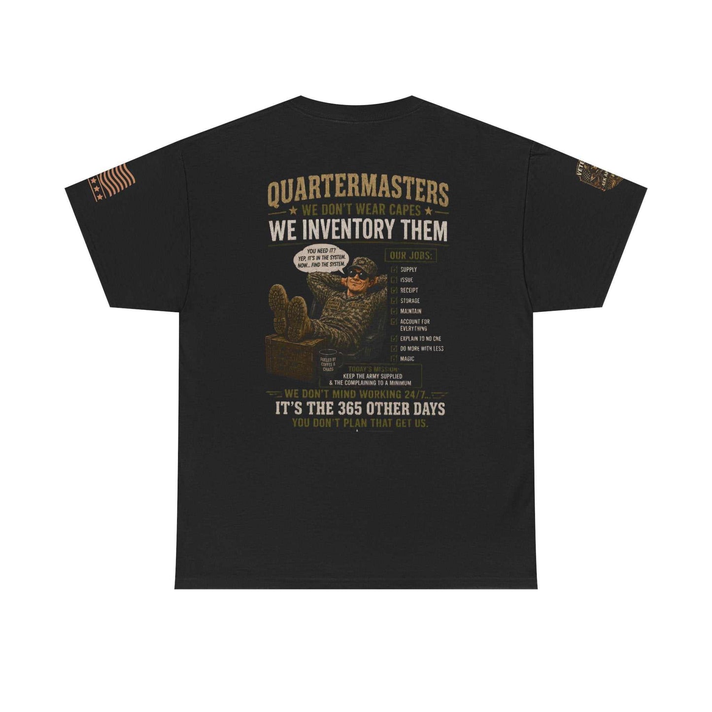 Quartermasters Graphic Tee – "We Don’t Wear Capes, We Inventory Them" Military Supply Shirt