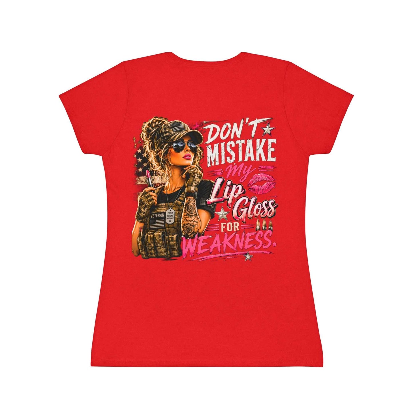 Women's Military-Inspired T-Shirt — "Don't Mistake My Lip Gloss for Weakness" Graphic Tee