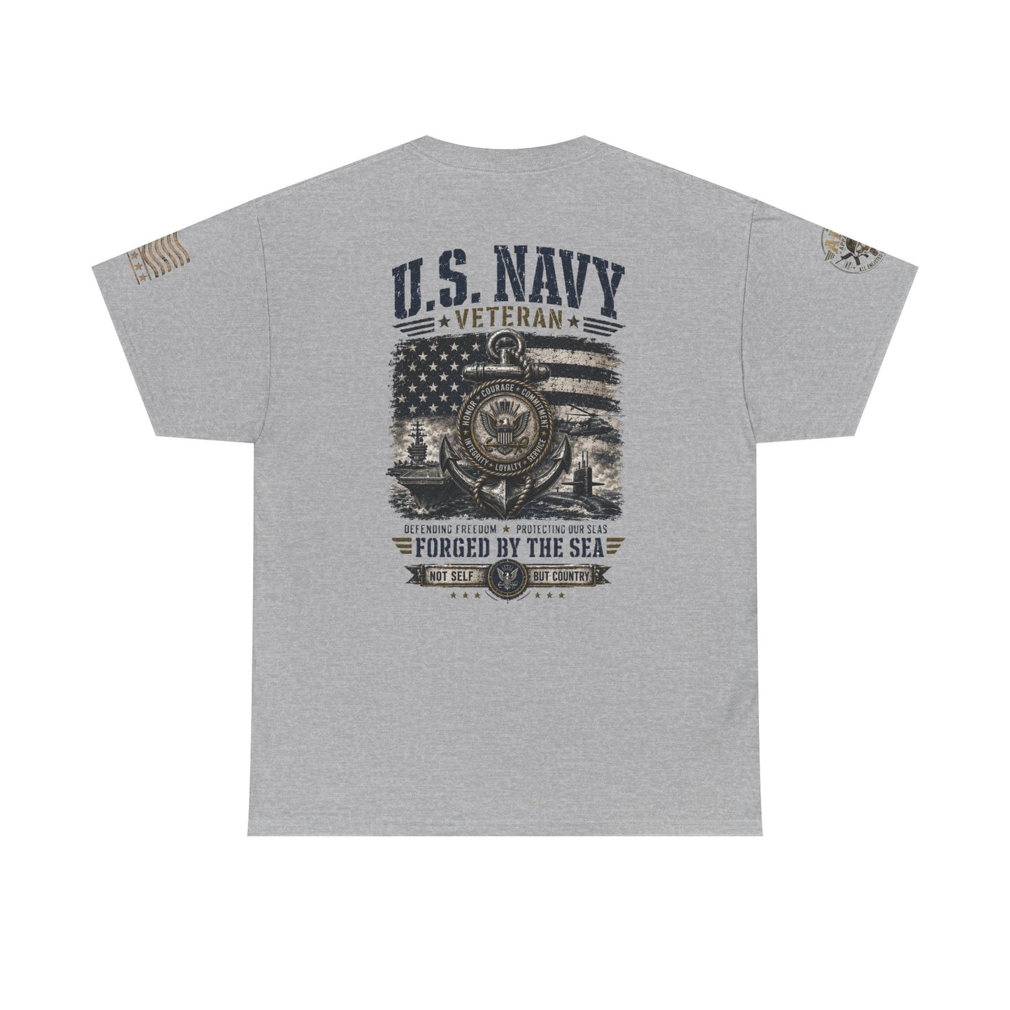 White U.S. Navy Veteran T-shirt with vintage flag and ship helm design, patriotic and sturdy cotton tee