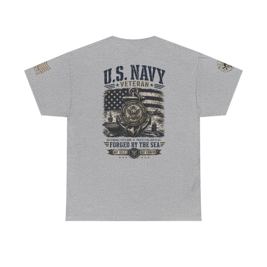 White U.S. Navy Veteran T-shirt with vintage flag and ship helm design, patriotic and sturdy cotton tee