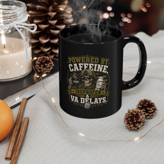 Glossy black veteran black coffee mug with vintage skull and caffeine graphic, available in 11oz and 15oz sizes