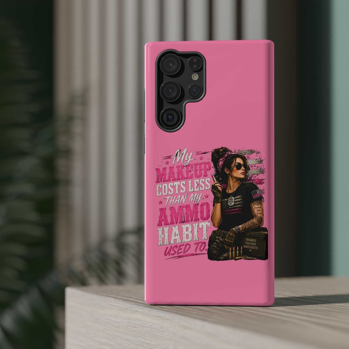 Impact-Resistant Phone Case — "My Makeup Costs Less Than My Ammo Habit Used To" Pink Tactical Design