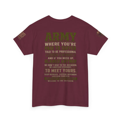 Army Quote Tee — “Army: Where You’re Paid to Suffer” Military Graphic T-Shirt
