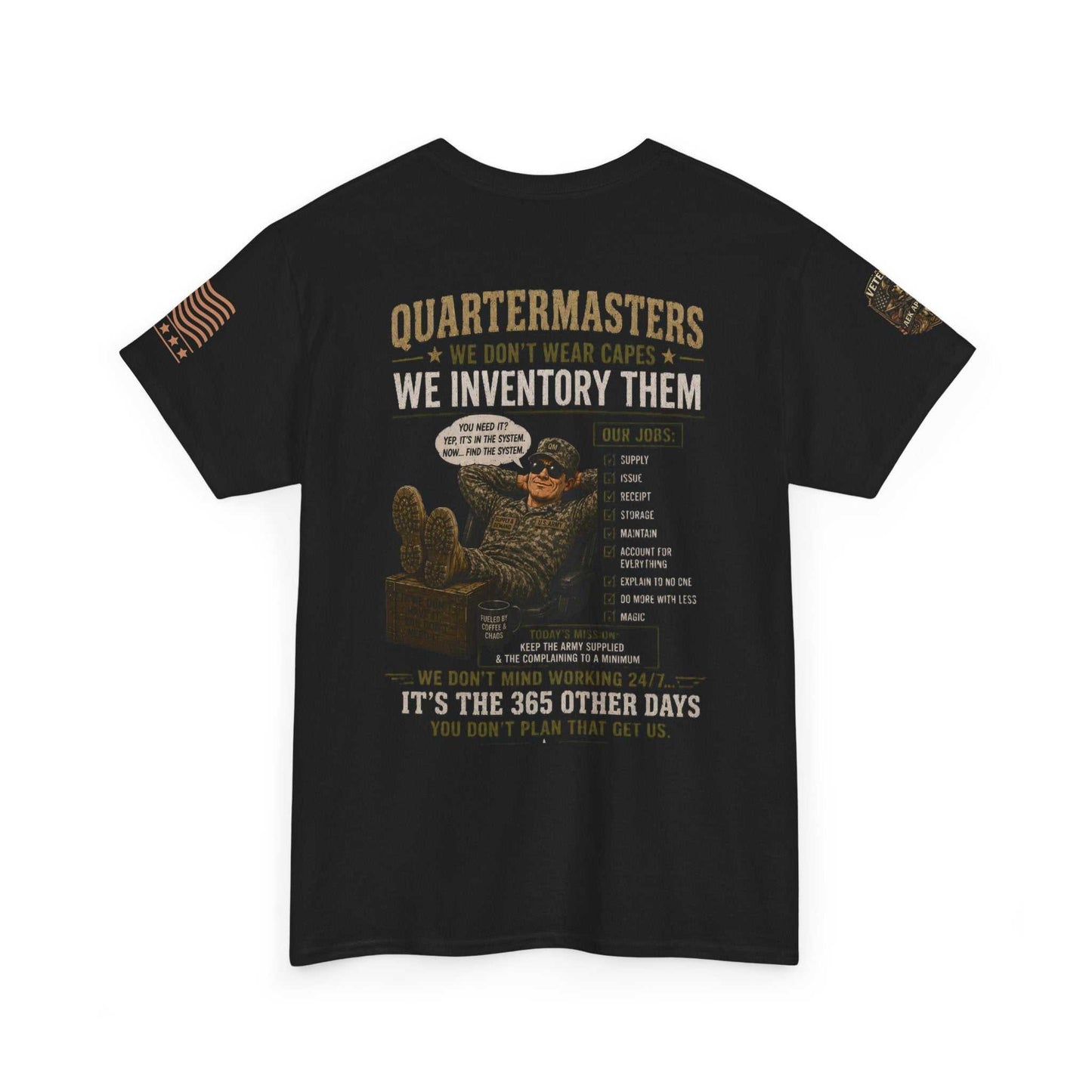 Quartermasters Graphic Tee – "We Don’t Wear Capes, We Inventory Them" Military Supply Shirt