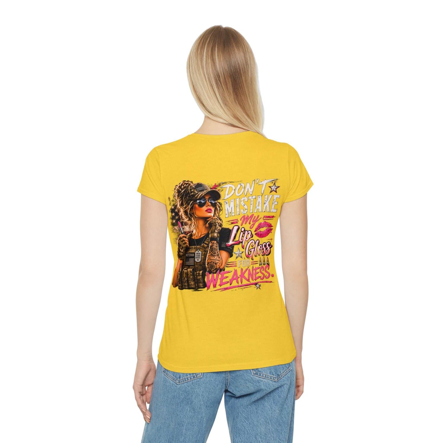 Women's Military-Inspired T-Shirt — "Don't Mistake My Lip Gloss for Weakness" Graphic Tee