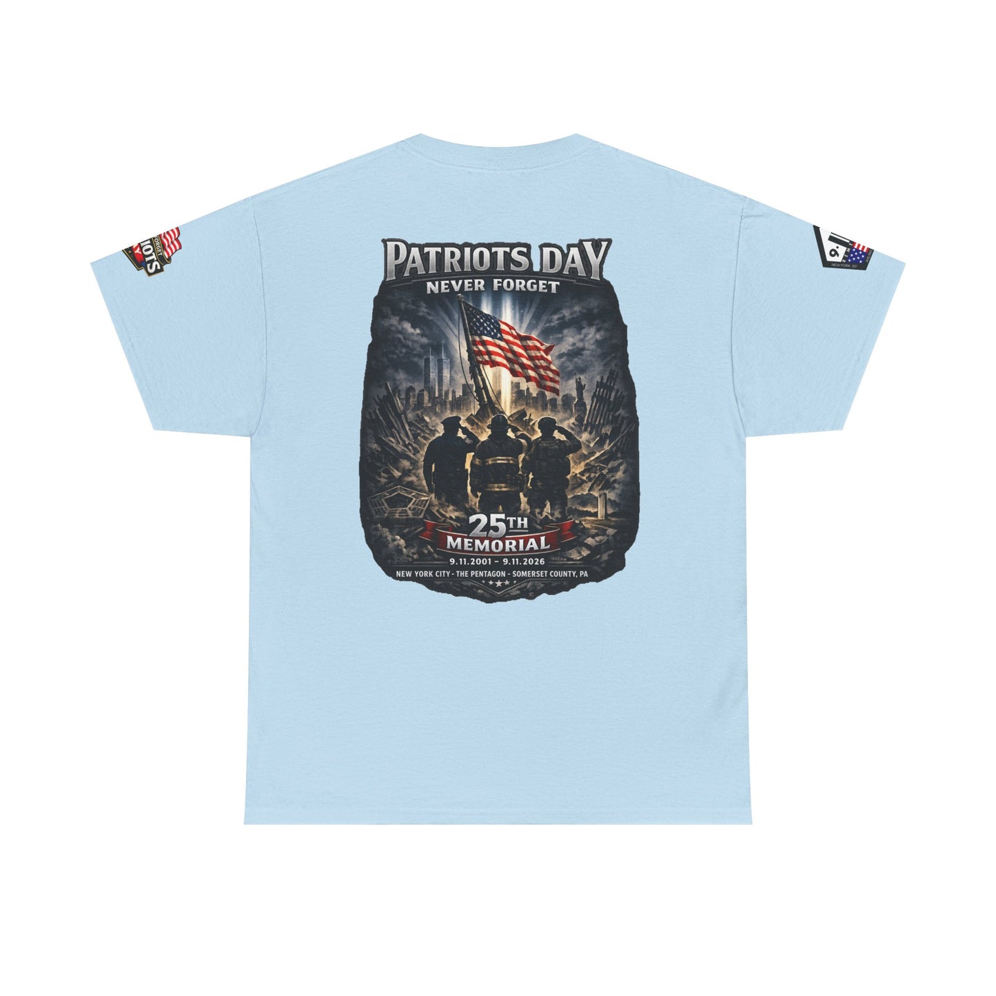 NYPD, FDNY, PAPD-NYNJ Patriots Day Memorial Tee – "Never Forget" 25th Anniversary American Flag Shirt