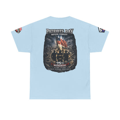 NYPD, FDNY, PAPD-NYNJ Patriots Day Memorial Tee – "Never Forget" 25th Anniversary American Flag Shirt