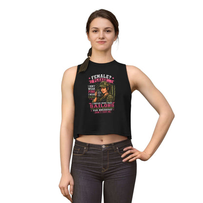 Women's Crop Top — 'Female? Please. I Don't Wear Pink' Military Graphic Tank