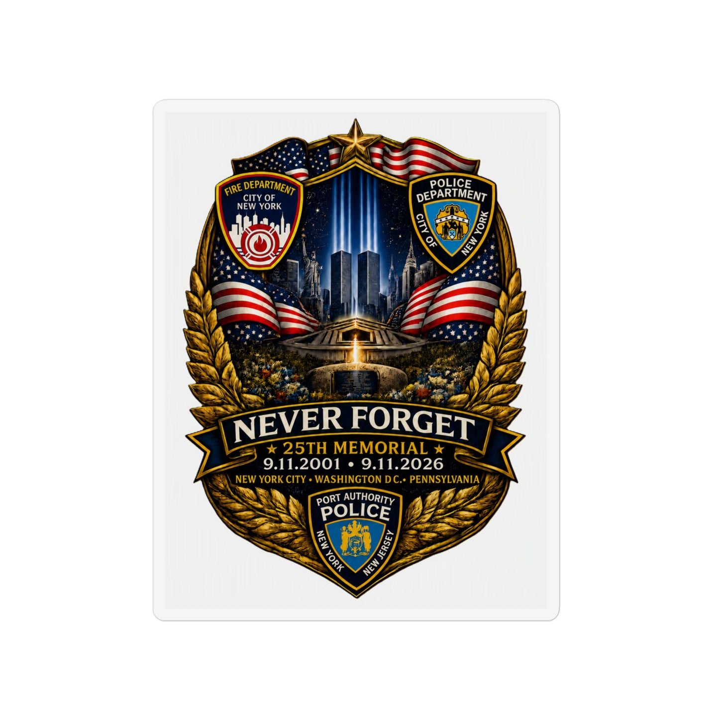 Never Forget 9/11 Memorial custom magnet shaped like a police badge with full-color matte finish and durable vinyl material