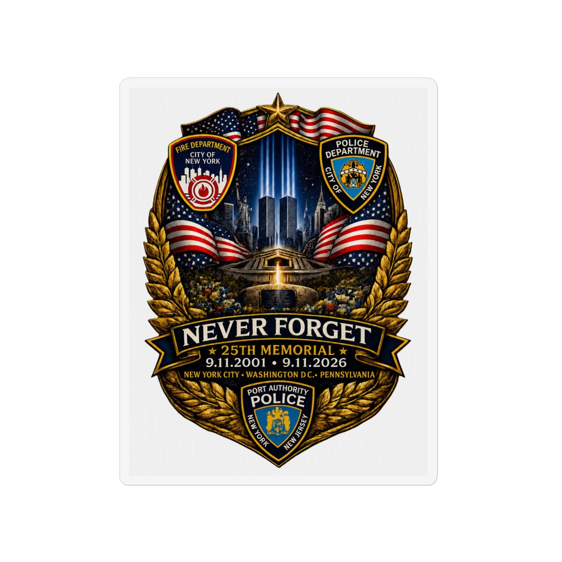 Never Forget 9/11 Memorial custom magnet shaped like a police badge with full-color matte finish and durable vinyl material