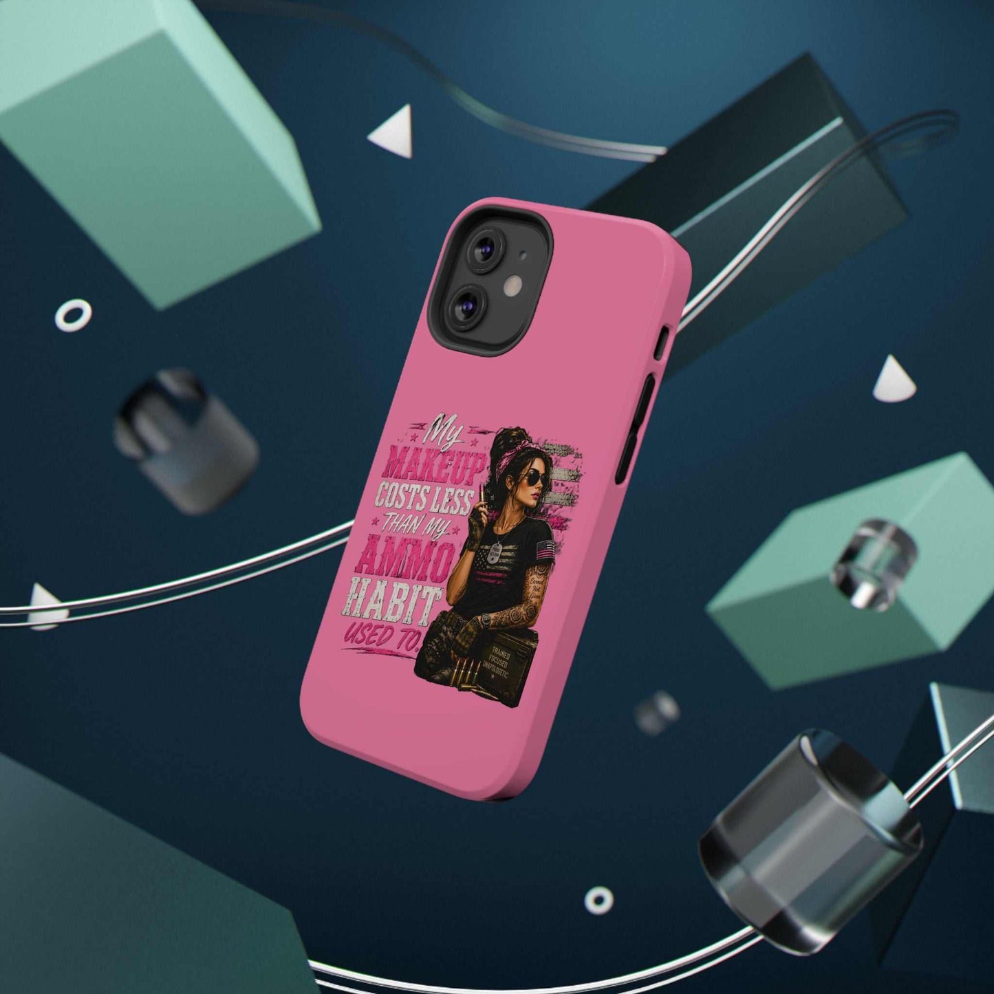 Impact-Resistant Phone Case — "My Makeup Costs Less Than My Ammo Habit Used To" Pink Tactical Design